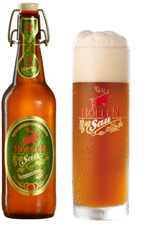 Bouteille et verre de bière Hopfen Sau Hirsch
